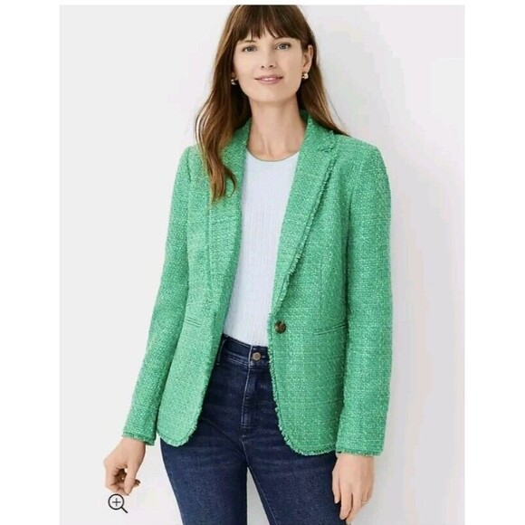 Ann Taylor Womens Kelly Green Tweed Blazer Sz 0 Fringe Career Pockets Preppy N52 - Picture 1 of 10